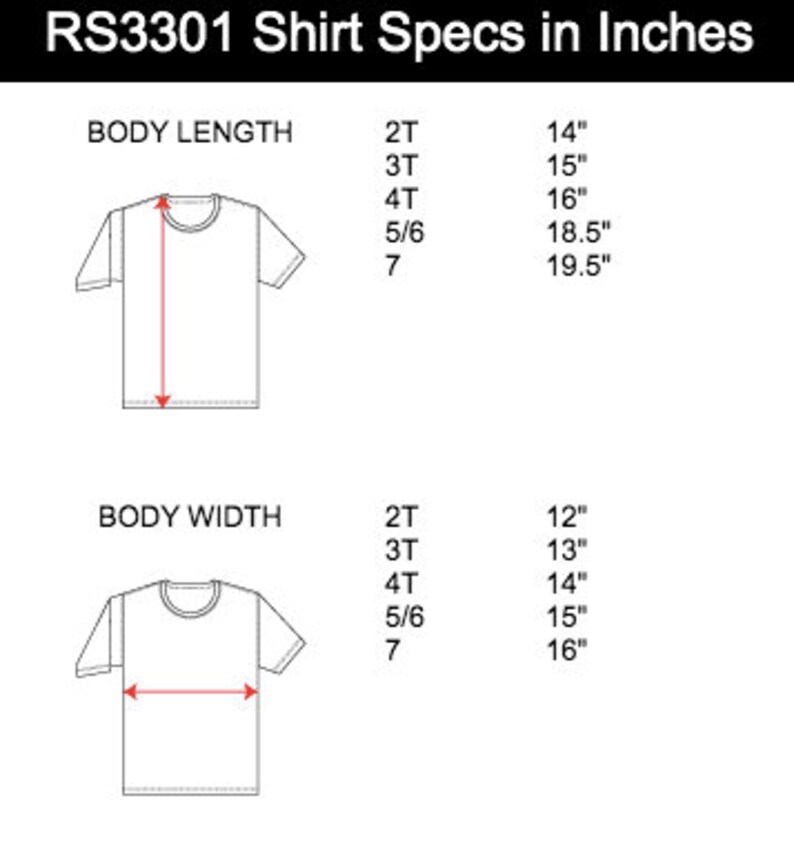 May include: White graphic showing shirt specifications in inches. The text "RS3301 Shirt Specs in Inches" is at the top. Body length measurements range from 14" to 19.5". Body width measurements range from 12" to 16".