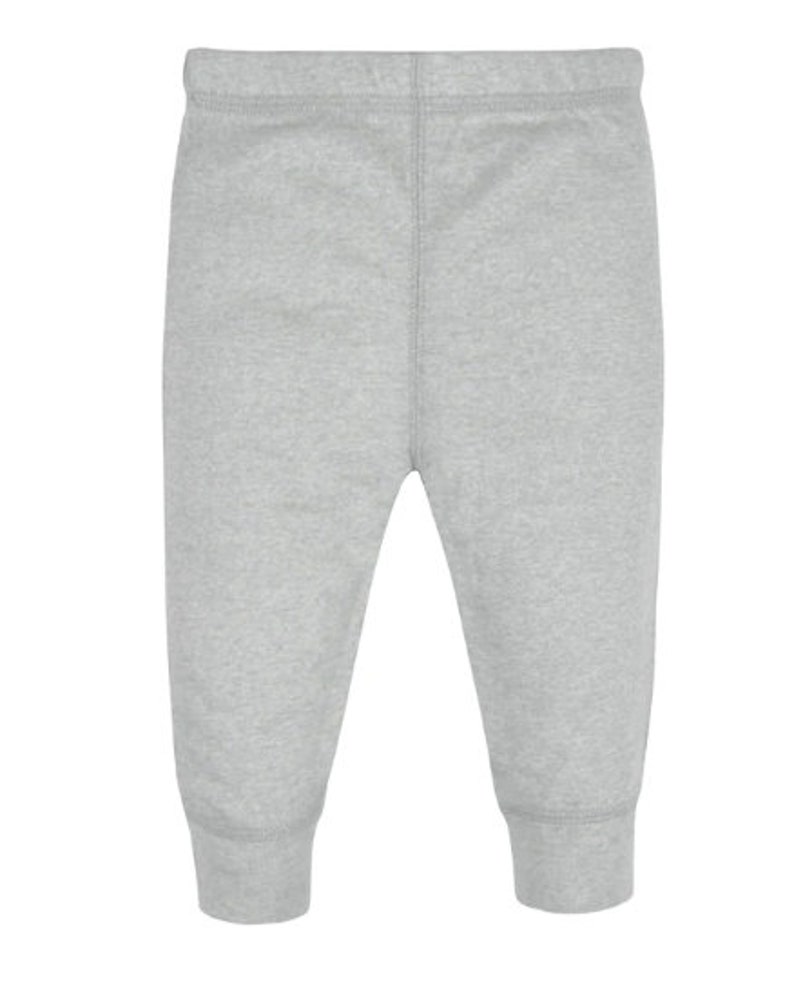 May include: Light grey baby trousers with an elasticated waistband and ribbed cuffs at the ankles. The trousers are made of a soft, knitted fabric, suitable for everyday wear. The design is simple and classic.
