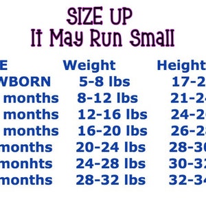 May include: A baby clothing size chart, displaying sizes from newborn to 24 months. Weight is in pounds, and height is in inches. The chart includes weight and height ranges for each size. The text "SIZE UP It May Run Small" is at the top.