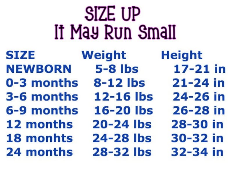May include: A baby clothing size chart, displaying sizes from newborn to 24 months. Weight is in pounds, and height is in inches. The chart includes weight and height ranges for each size. The text "SIZE UP It May Run Small" is at the top.
