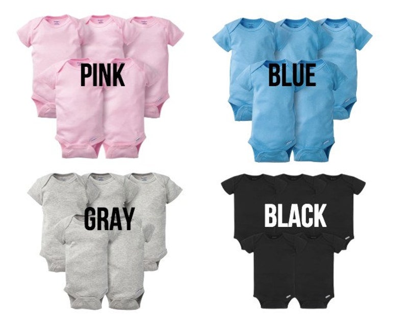 May include: Four sets of baby onesies in pink, blue, grey, and black. Each set includes five onesies. The word "PINK", "BLUE", "GRAY", and "BLACK" are printed in bold white letters on each set of onesies.