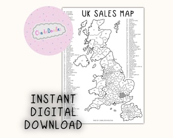 May include: A black and white map of the United Kingdom with each region numbered and labeled. The map is titled "UK Sales Map".