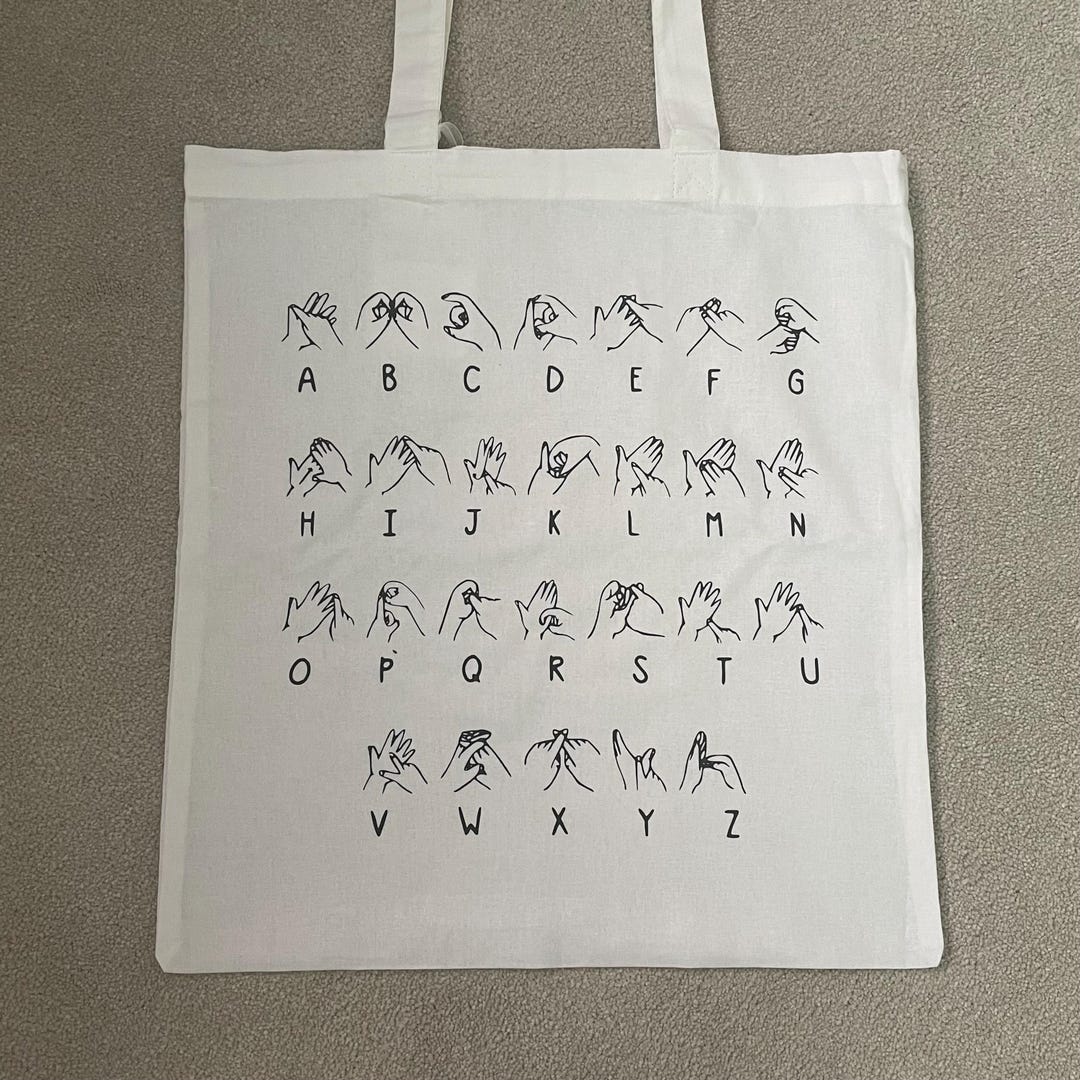 White/black BSL Alphabet Tote Bag, British Sign Language, Cotton Bag - Etsy