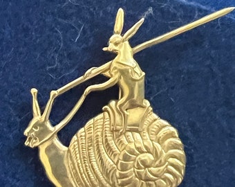 Battle Bunny #02 - Rabbit Joust on a snail - Medieval Marginalia - Jewelry Gift Pin - HEMA - SCA - animal