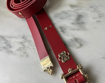 Long red and gold medieval belt - chivalric virtue sexfoil theme -  SCA, HEMA, Reenactment, Costume, Wedding