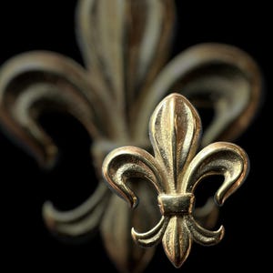 Puede incluir: Un botón de camisa de 20 mm con forma de flor de lis de color dorado. El botón está enfocado, mientras que una imagen borrosa del mismo botón está en el fondo.