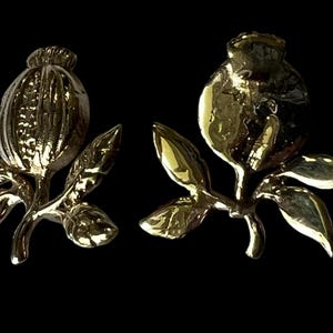 May include: Two gold-colored floral brooches. One brooch depicts a closed flower bud, and the other shows an open flower. Both brooches have detailed leaves and stems. The background is solid black.