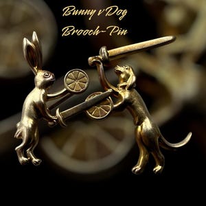 Battle Bunny vs Dog Pin: Jeweler&#39;s Brass Sword and Buckler Brooch