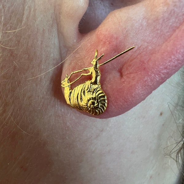 Battle Bunny #02 - Snail Jouster EARRINGS - post - 18k over sterling silver - medieval marginalia - Murder Rabbit - SCA - LARP - Ren Faire