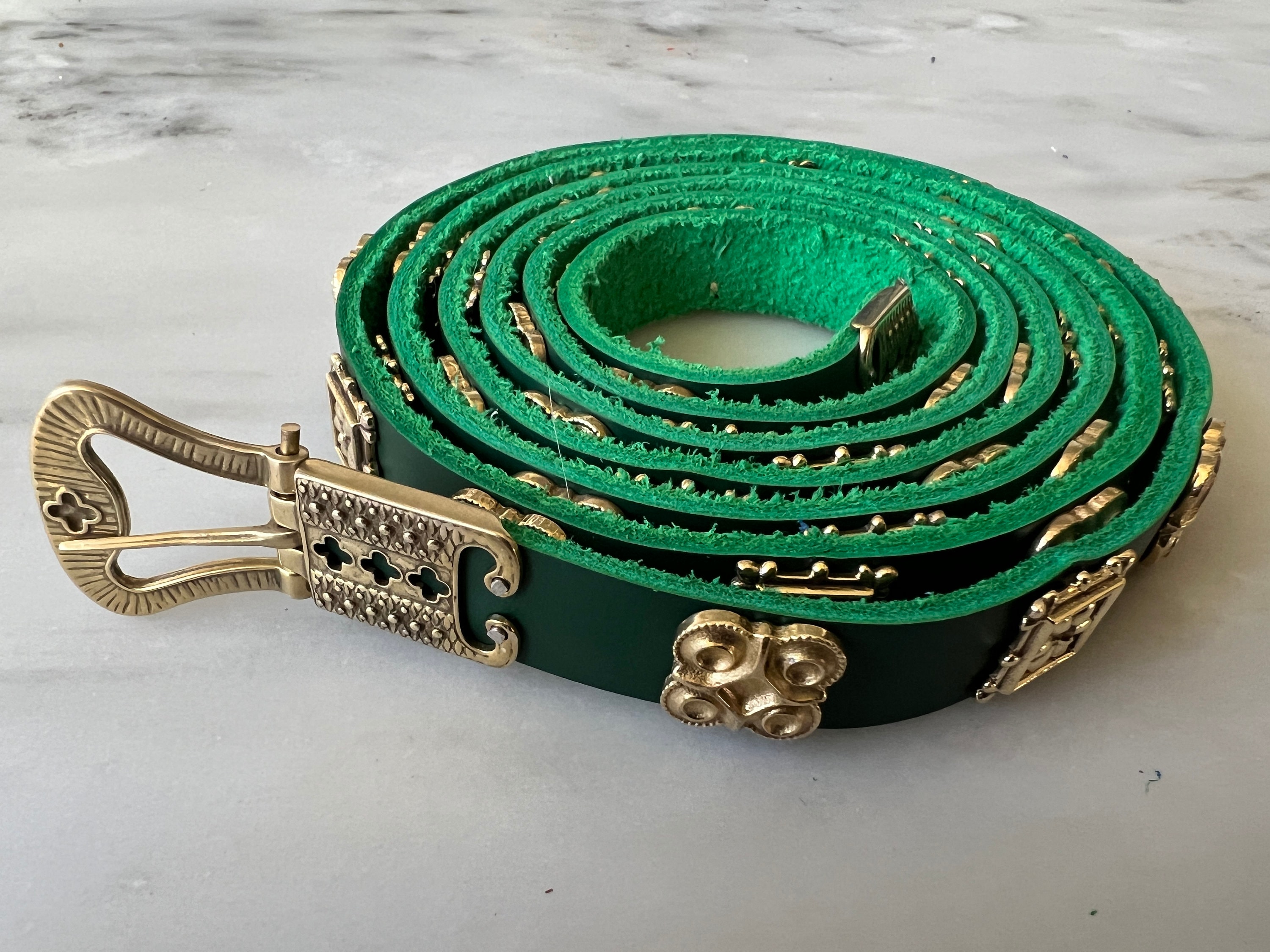 Green Medieval Plaque Belt: 18k Gold Plated Buckle, SCA LARP