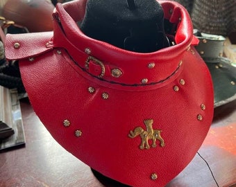 Heraldic Red Late Medieval Brigandine Gorget (neck armor) - SCA, HEMA, LARP - with Spanish Leather and Custom Rivets