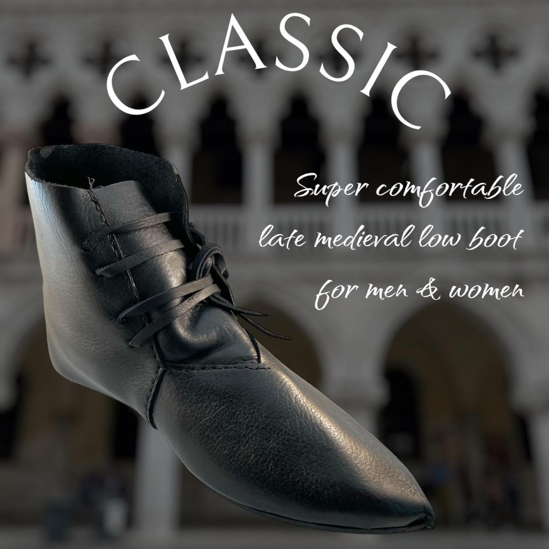Bota medieval baixa masculina preta (SCA, reconstituição, Larp
