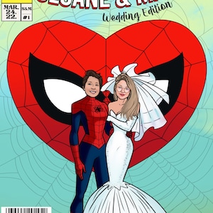 Copertina per fumetti per matrimonio personalizzata - Perfetta per matrimoni a tema supereroi / Celebrazione di nozze a tema Spider-Man
