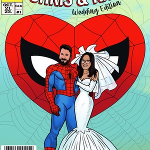 Celebração do dia do casamento / Capa de revista e história em quadrinhos de super-heróis personalizada / Casamento temático do Homem-Aranha / Presente de dia dos namorados