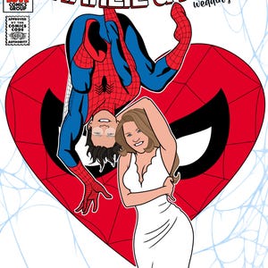 May include: A comic book cover titled The Amazing Charlie & Jack Wedding Edition featuring a character in a red and blue spider suit hanging upside down above a person in a white wedding dress, set against a large red heart and spider web background.