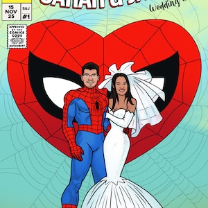 パーソナライズされたコミックブックの表紙ポートレート、スパイダーマンの結婚式アート、カスタムカップルギフト