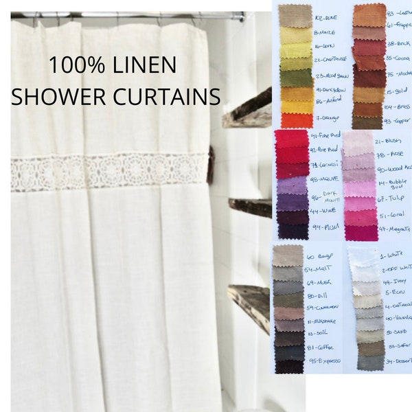 Linen shower curtains with lace/ Boho shower curtain / Linen shower curtain/ Farmhouse shower curtain .52 colors. Custom sizes.