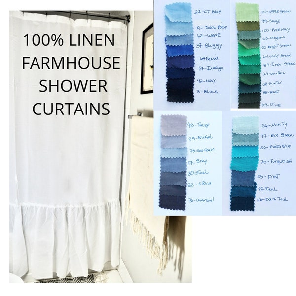 Linen shower curtain / Bohemian shower curtain / Large ruffle shower curtain/ Farmhouse shower curtain .52 colors. Custom sizes.