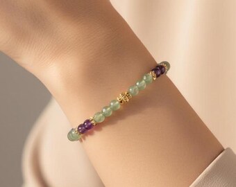 Armband aus Amethyst und grünem Aventurin, zartes, farbenfrohes Armband mit Natursteinperlen, verstellbares Damenarmband, Schmuck für die Lithotherapie