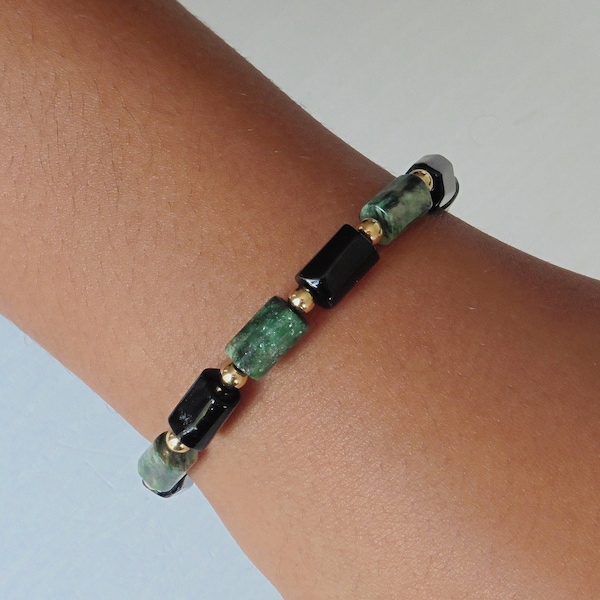 Fuchsite and black tourmaline bracelet, natural pearl bracelet for women, lithotherapy jewelry, gift for women
