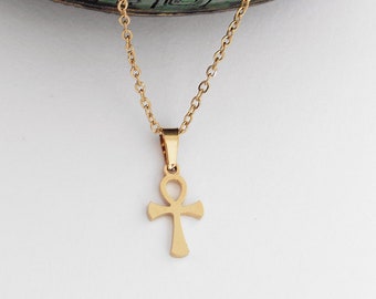 Ankh necklace, stainless steel gold chain with cross pendant, minimalist jewelry, gift for woman