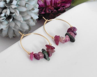 Multicolored tourmaline natural stone earrings, gold stainless steel hoops, gold gem chip creoles, pearl creoles