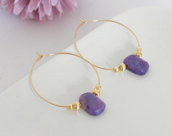 Natural charoite stone earrings, gold stainless steel hoops, gold semi-precious stone hoops, colorful pearl hoops