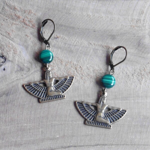 Goddess Isis earrings, natural malachite stone beaded earrings and antique bronze pendant, women's jewelry