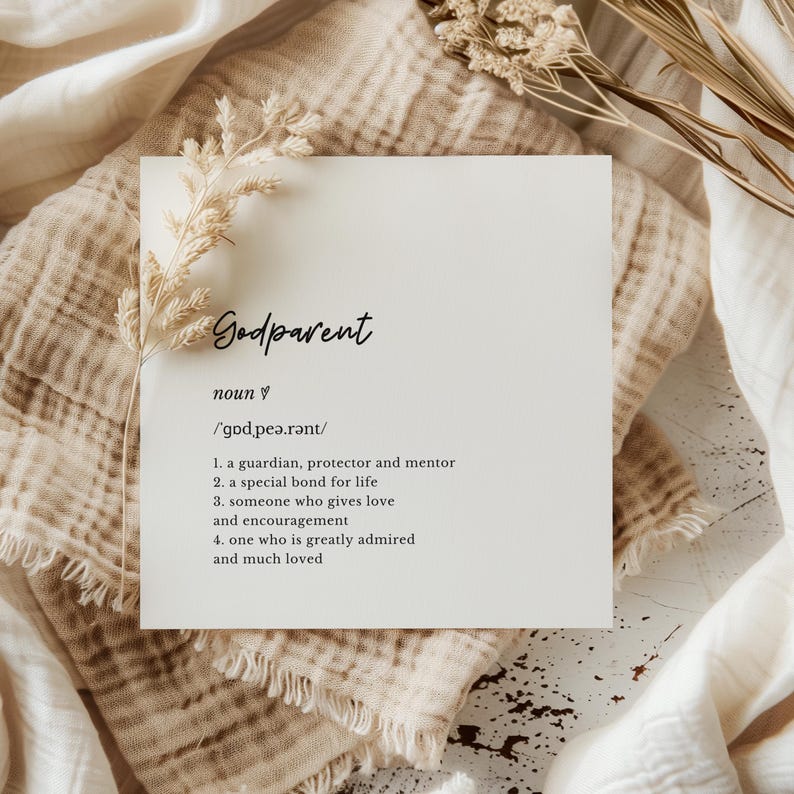 Minimalist godparent definition card with modern typography on textured card. Ideal for godparent proposal, Christening, or naming day gift.