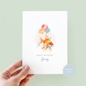 Tarjeta de cumpleaños imprimible con forma de pez dorado para amantes de las mascotas, saludo de cumpleaños de un pez dorado, tarjeta de cumpleaños para mamá y papá pez, pez dorado como mascota