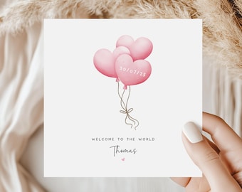 Personalised New Baby Girl Card | Welcome to the World Keepsake | Pink Heart Balloon Design | Custom Baby Announcement or Newborn Card