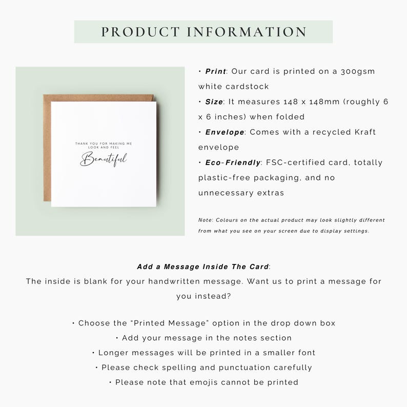 Minimal wedding thank you card with text “Thank you for making me look and feel beautiful” in modern typography, shown in a neutral styled mock-up held in hands.