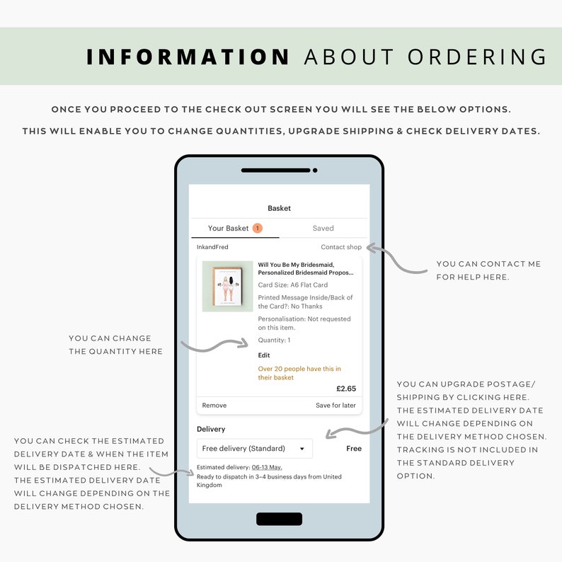 K&ouml;nnte beinhalten: Ein Screenshot eines Handybildschirms, der einen Warenkorb mit einer personalisierten Brautjungfern-Anfragekarte zeigt. Die Karte ist eine flache A6-Karte mit einer gedruckten Nachricht auf der Vorder- und R&uuml;ckseite. Der Text auf der Karte lautet "Willst du meine Brautjungfer sein? Personalisierte Brautjungfern-Anfrage". Der Bildschirm zeigt auch Optionen zum &Auml;ndern der Menge, zum Upgrade des Versands und zum &Uuml;berpr&uuml;fen der Liefertermine.
