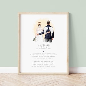 May include: A framed print featuring a watercolour illustration of a bride and groom, the groom with angel wings and a halo. The text reads "To my Daughter, On my Wedding Day" with a poem.