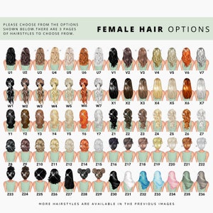 Op de afbeelding: Een tabel met 36 verschillende vrouwelijke kapsel opties voor een aanpasbare illustratie. De kapsels zijn genummerd van U1 tot Z36.  PLEASE CHOOSE FROM THE OPTIONS SHOWN BELOW. THERE ARE 3 PAGES OF HAIRSTYLES TO CHOOSE FROM. FEMALE HAIR OPTIONS MORE HAIRSTYLES ARE AVAILABLE IN THE PREVIOUS IMAGES