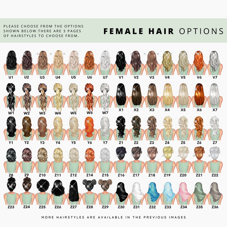 Op de afbeelding: Een tabel met 36 verschillende vrouwelijke kapsel opties voor een aanpasbare illustratie. De kapsels zijn genummerd van U1 tot Z36.  PLEASE CHOOSE FROM THE OPTIONS SHOWN BELOW. THERE ARE 3 PAGES OF HAIRSTYLES TO CHOOSE FROM. FEMALE HAIR OPTIONS MORE HAIRSTYLES ARE AVAILABLE IN THE PREVIOUS IMAGES