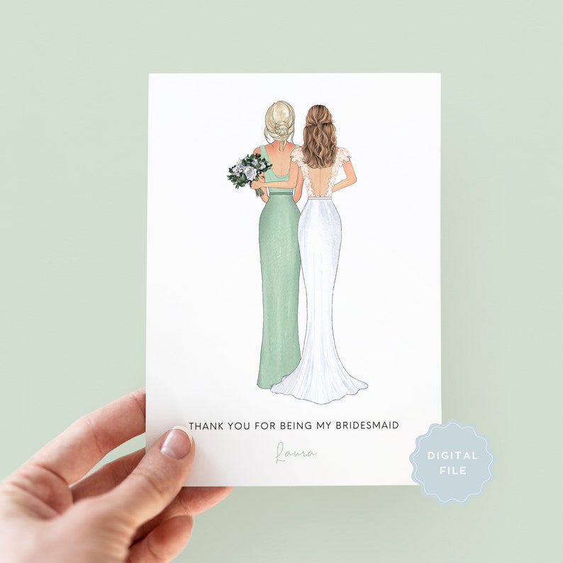 Printable Personalised Bridesmaid Thank You Card, Maid of Honour Thank you Card, Customisable Bridesmaid Card, Wedding Thank You Card image 1