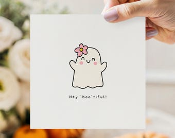 Cute Ghost Halloween Card | Hey Boo'tiful Card | Halloween Card for Girlfriend Friend | Cute Spooky Greeting Card | Halloween Love Card