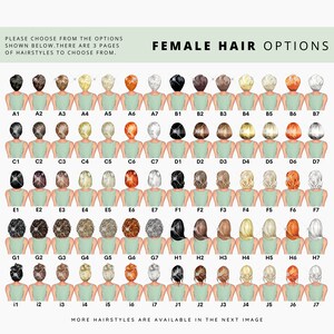 Op de afbeelding: Een grafiek met 42 verschillende opties voor vrouwelijk haar. De kapsels zijn genummerd en gelabeld met letters en cijfers. De tekst bovenaan de grafiek luidt "PLEASE CHOOSE FROM THE OPTIONS SHOWN BELOW. THERE ARE 3 PAGES OF HAIRSTYLES TO CHOOSE FROM." en "FEMALE HAIR OPTIONS".
