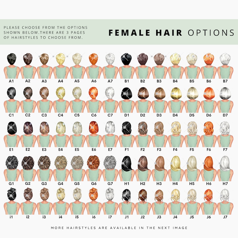 Op de afbeelding: Een grafiek met 42 verschillende opties voor vrouwelijk haar. De kapsels zijn genummerd en gelabeld met letters en cijfers. De tekst bovenaan de grafiek luidt "PLEASE CHOOSE FROM THE OPTIONS SHOWN BELOW. THERE ARE 3 PAGES OF HAIRSTYLES TO CHOOSE FROM." en "FEMALE HAIR OPTIONS".