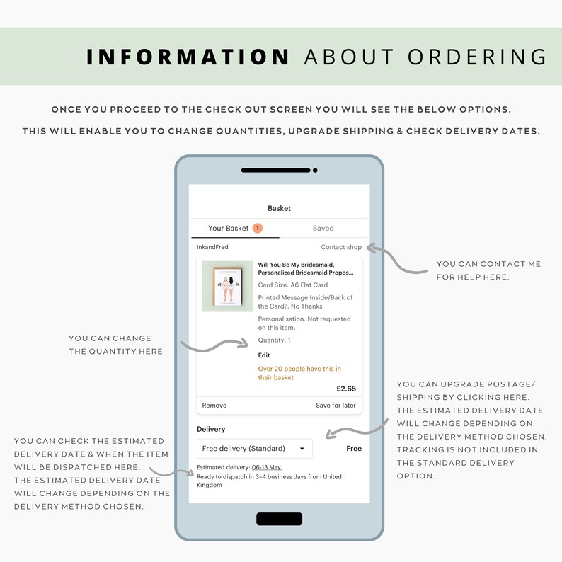 May include: A screenshot of a mobile phone screen showing a shopping cart with a personalized bridesmaid proposal card. The screen shows options for changing the quantity, upgrading shipping, and checking delivery dates. The text "Will You Be My Bridesmaid. Personalized Bridesmaid Proposal..." is visible on the screen.