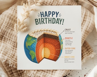 Funny Geology Birthday Card, Earth Layer Cake Card, Seismology Science Card, STEM Birthday Card, Earth Structure Cake Illustration