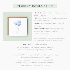 Personalised new baby boy card with blue heart balloons and birth date, featuring the name “Thomas” and soft neutral styling – a keepsake welcome to the world card.