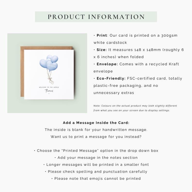 Personalised new baby boy card with blue heart balloons and birth date, featuring the name “Thomas” and soft neutral styling – a keepsake welcome to the world card.