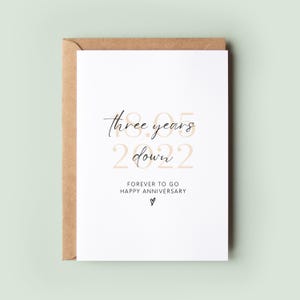 Three Year Anniversary Card – Three Years Down Forever To Go | 3rd Wedding Anniversary Card | Romantic Card for Husband, Wife, Partner