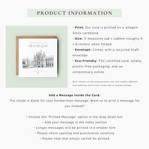 Personalised wedding card featuring a detailed hand-drawn sketch of a cathedral wedding venue with elegant typography and a custom date, set on a neutral textured background with minimalist styling.