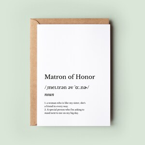 Matrone der Ehre Definition-Karte, werden Sie meine Matrone der Ehrenkarten sein, Matrone der Ehre Vorschlagskarte, Matrone der Ehre Danke Hochzeitskarte