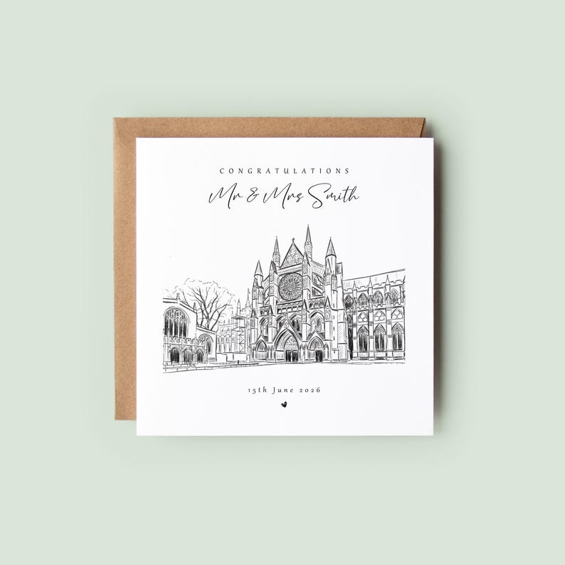 Personalised wedding card featuring a detailed hand-drawn sketch of a cathedral wedding venue with elegant typography and a custom date, set on a neutral textured background with minimalist styling.