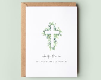 Personalised Will You Be My Godmother Proposal Card | Eucalyptus Cross Christening & Baptism Card | Godparent Card | Godfather Card