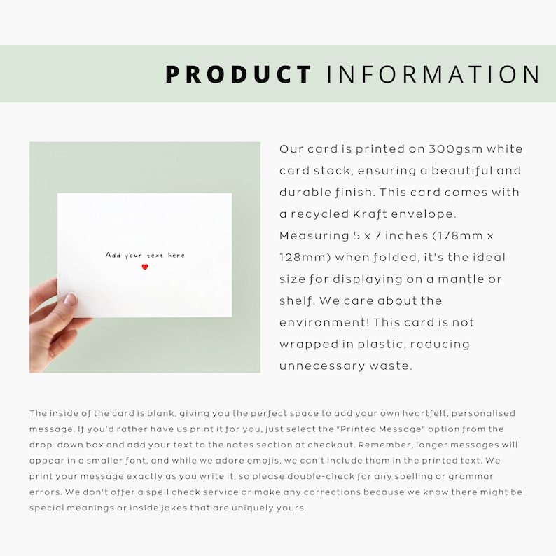 Peut inclure: Carte de v&oelig;ux blanche avec le texte "Add your text here" et un petit c&oelig;ur rouge. La carte mesure 178 mm x 128 mm pli&eacute;e. Les informations sur le produit sont imprim&eacute;es en haut de l'image.